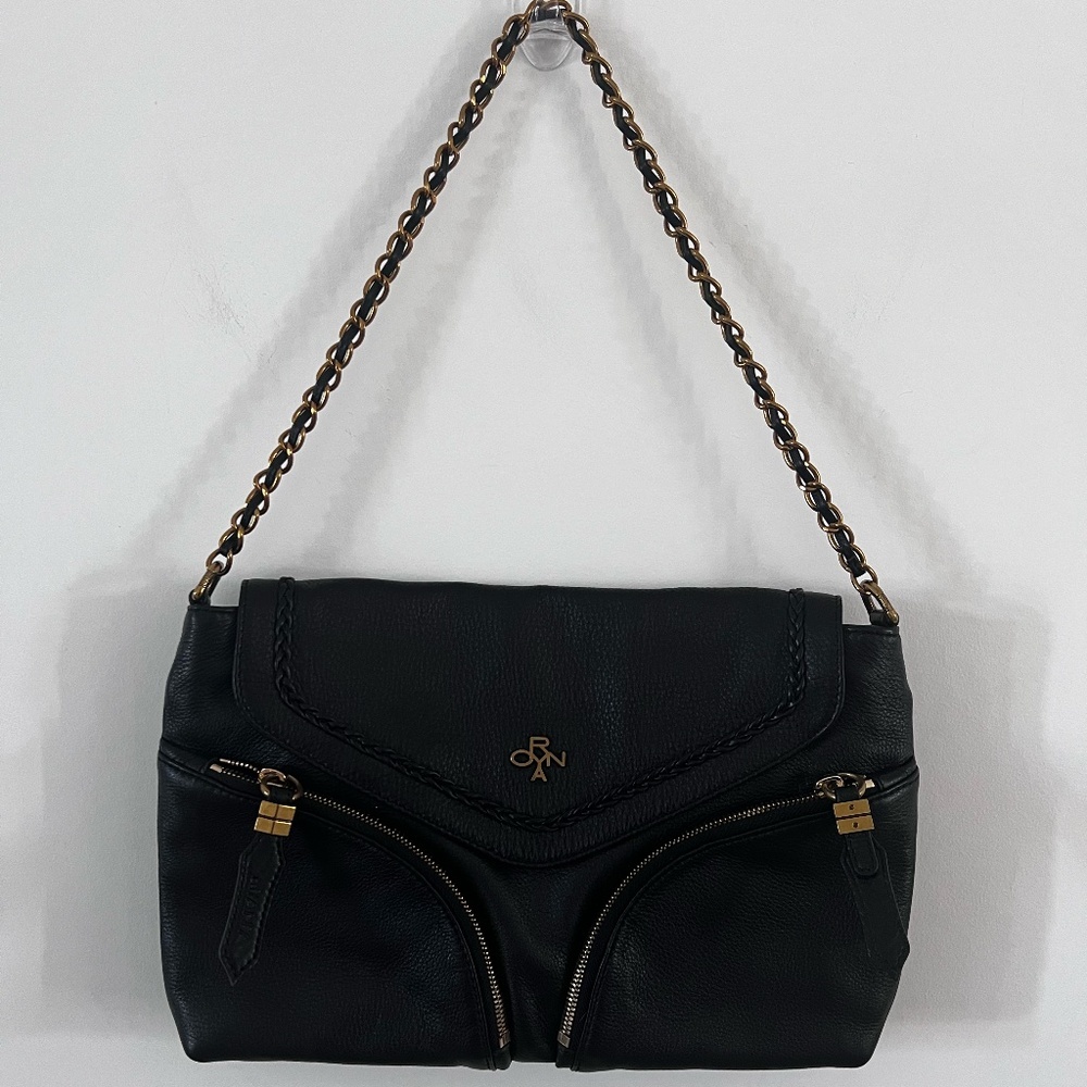 orYANY Black Leather Gold Tone Hardware Zippered Shoulder Bag